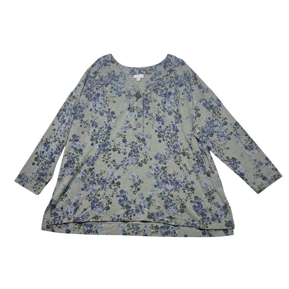 J. Jill Top Women's Plus Size 2X Green Gray Henley Floral Stretchy Comfy